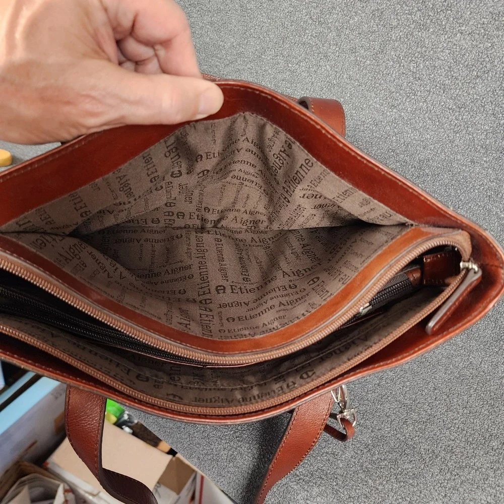 Etienne Aigner Cognac Brown Leather Tote Shoulder Bag Buckle‎ Detail 86545